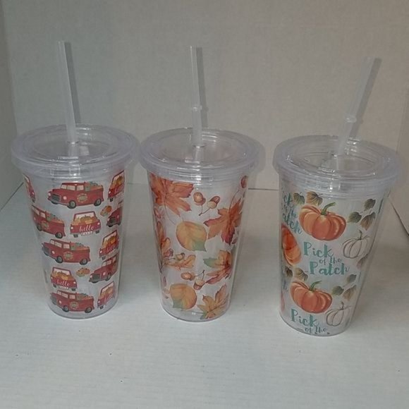 Fall Travel Tumbler Cold Cup Straw Autumn Cold Pumpkins Red Trucks Leaves16 OZ - Picture 2 of 6